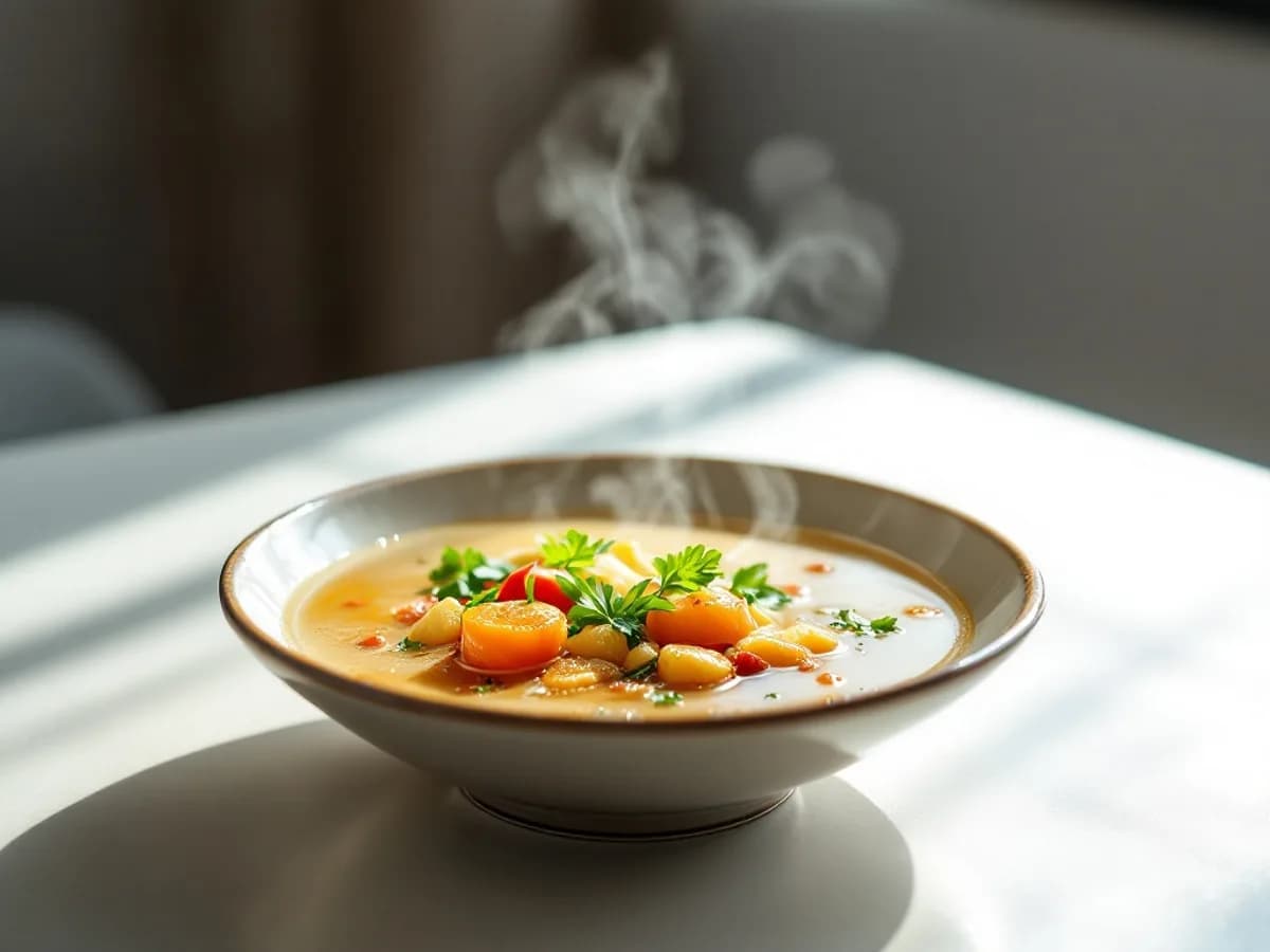 Cremige Tomaten-Kokos-Suppe mit Garnelen-Crouton