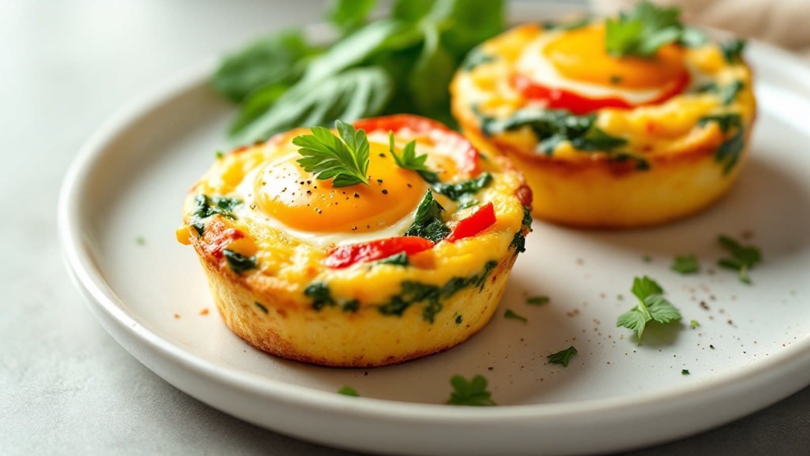 Zwei kleine Eier-Muffins mit Paprika und Spinat auf einem Teller