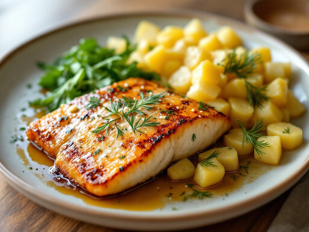 Gebackenes Lachsfilet auf mariniertem Kartoffel-Sellerie-Gemüse