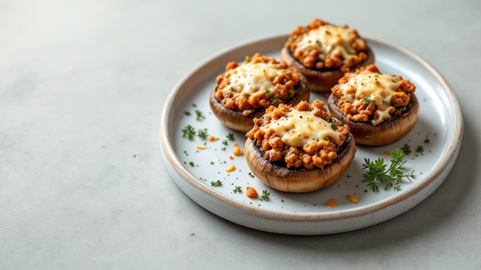 Vier gefüllte Champignons mit magerem Hack und überbackenem Käse