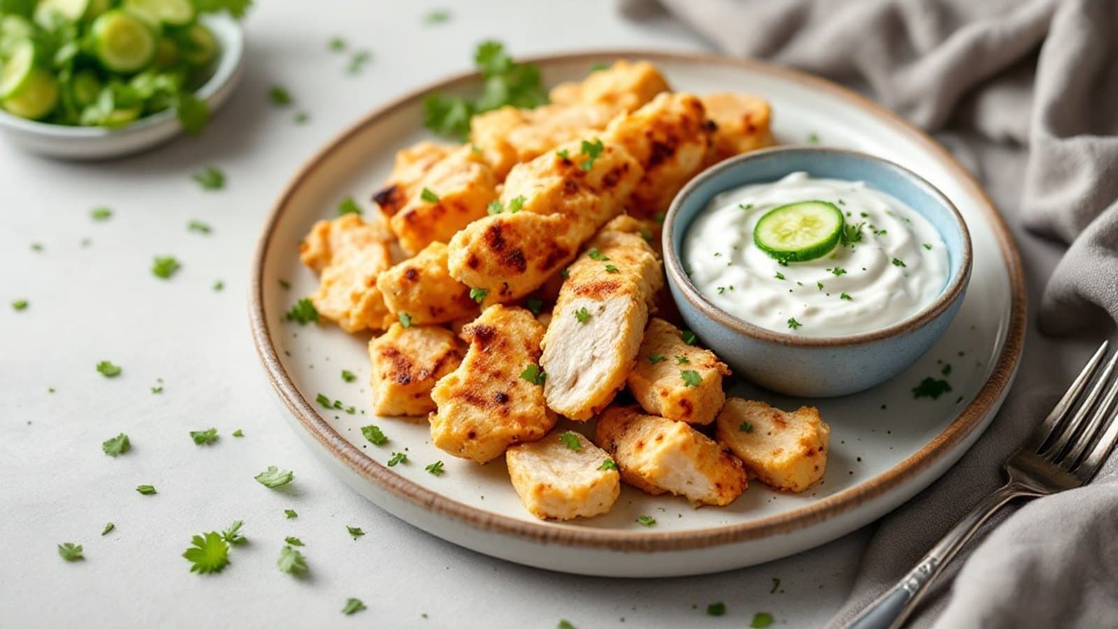Kleine Portion mildes Hähnchen-Gyros mit Tzatziki und Gurke