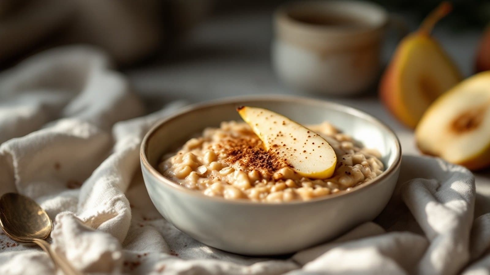 Kleine Schale warmer Haferflocken-Birnen-Porridge mit Zimt