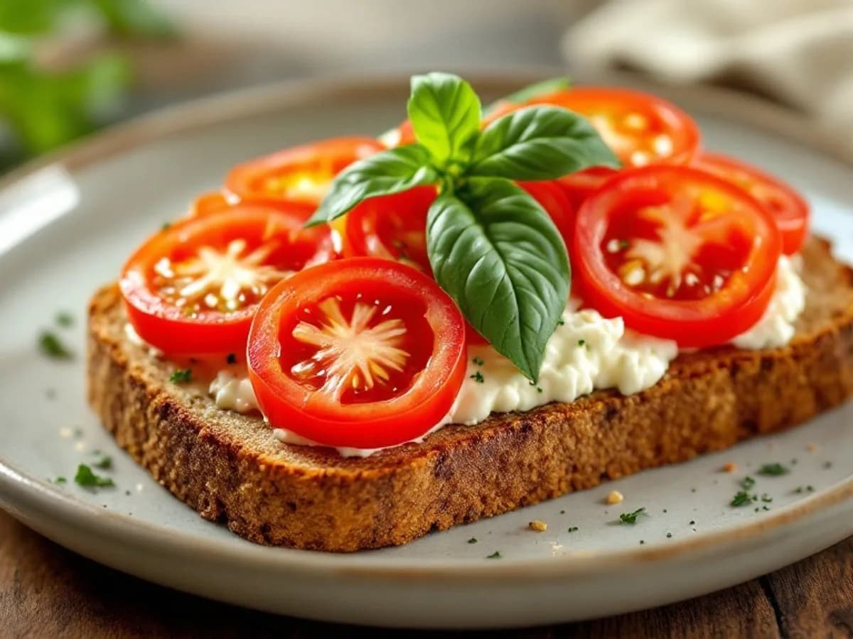 Vollkornbrot mit Hüttenkäse und Tomate
