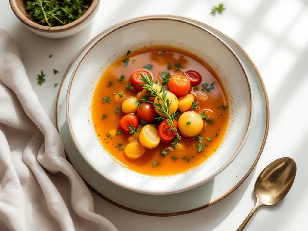 Klare Tomaten-Kräutersuppe — Klare orangerote Brühe in einer weißen Schale mit cherry-Tomaten in verschiedenen Farben (rot, gelb, orange) und frische