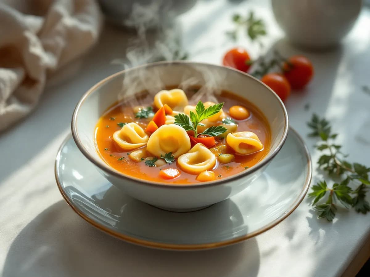 Klare Tomatensuppe mit hausgemachten Spargel-Tortellini