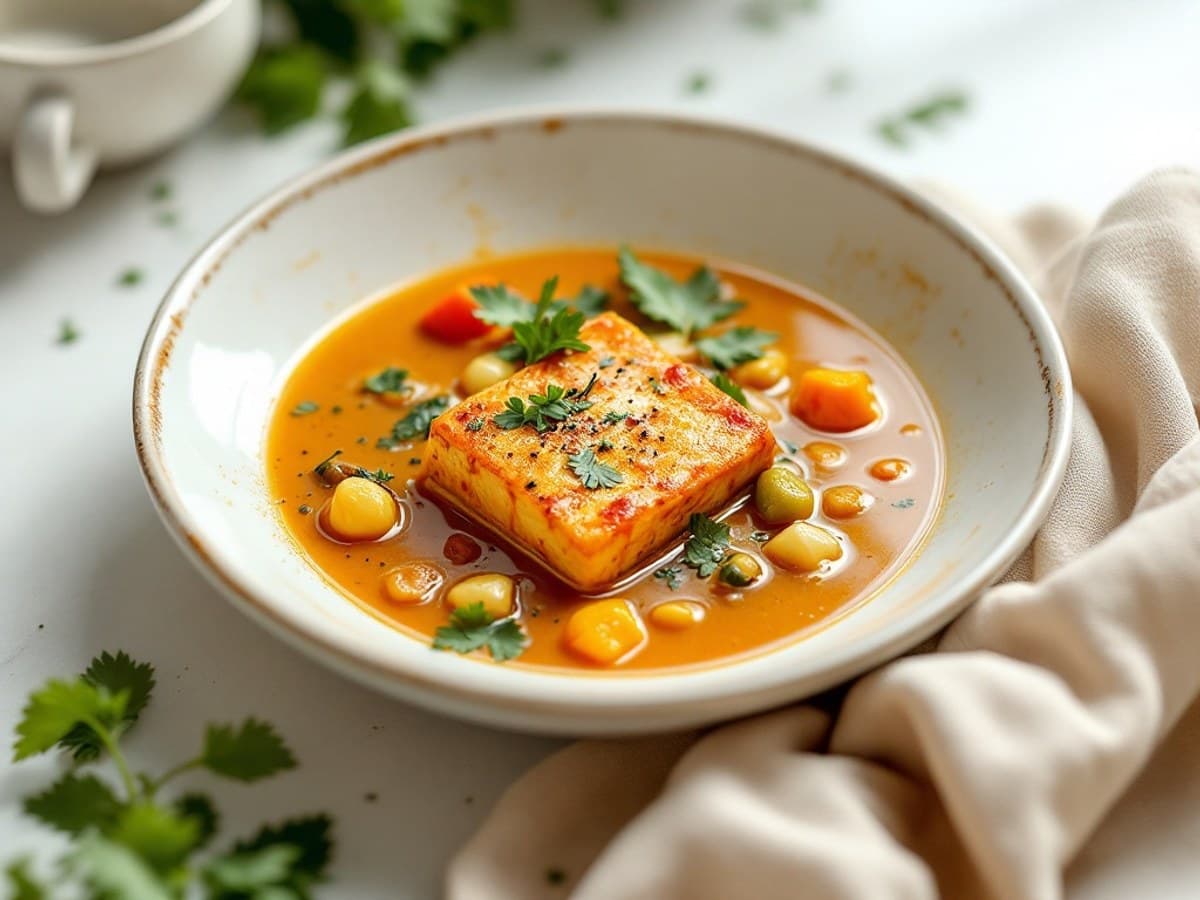 Mildes Tofu-Gemüse-Curry, kleine Portion mit fester Tofu, rote Paprika, Erbsen