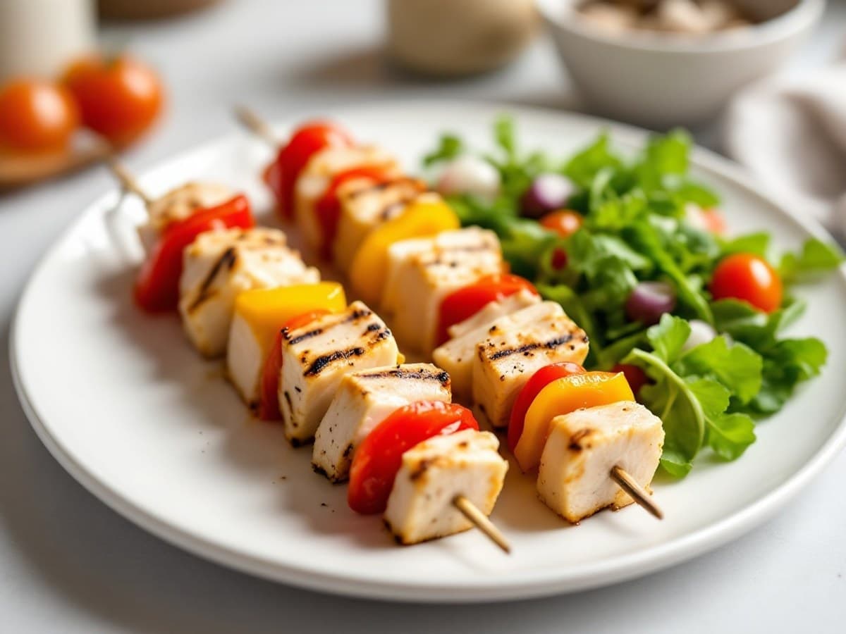 Putenbrust-Spießchen mit buntem Gemüse und frischem Blattsalat