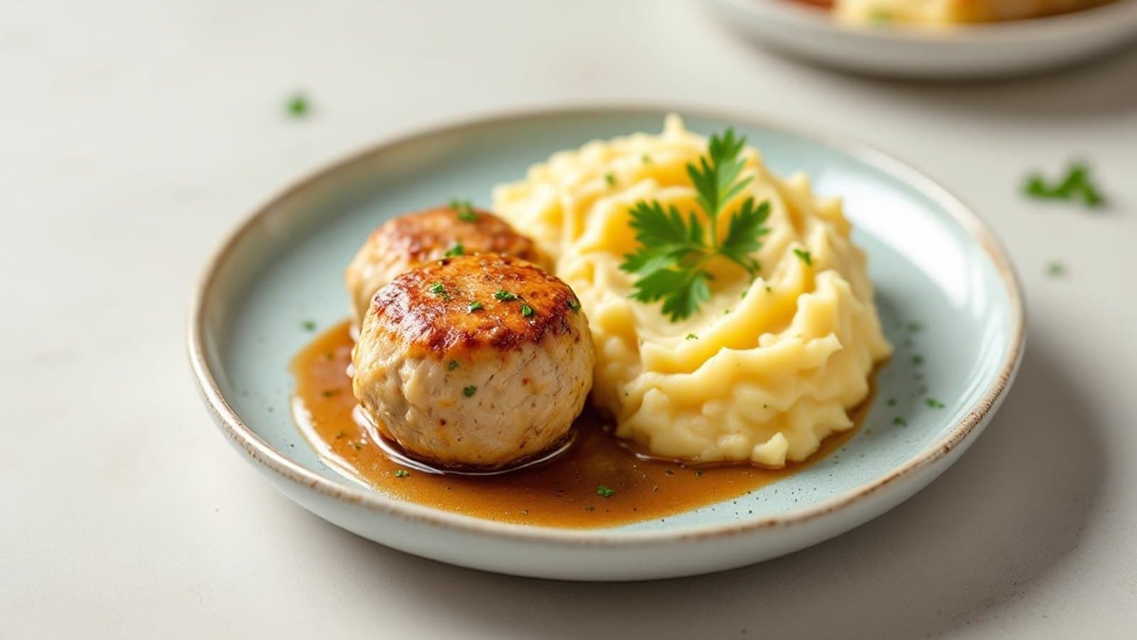 Putenfrikadellen mit Kartoffelpüree, kleine Portion