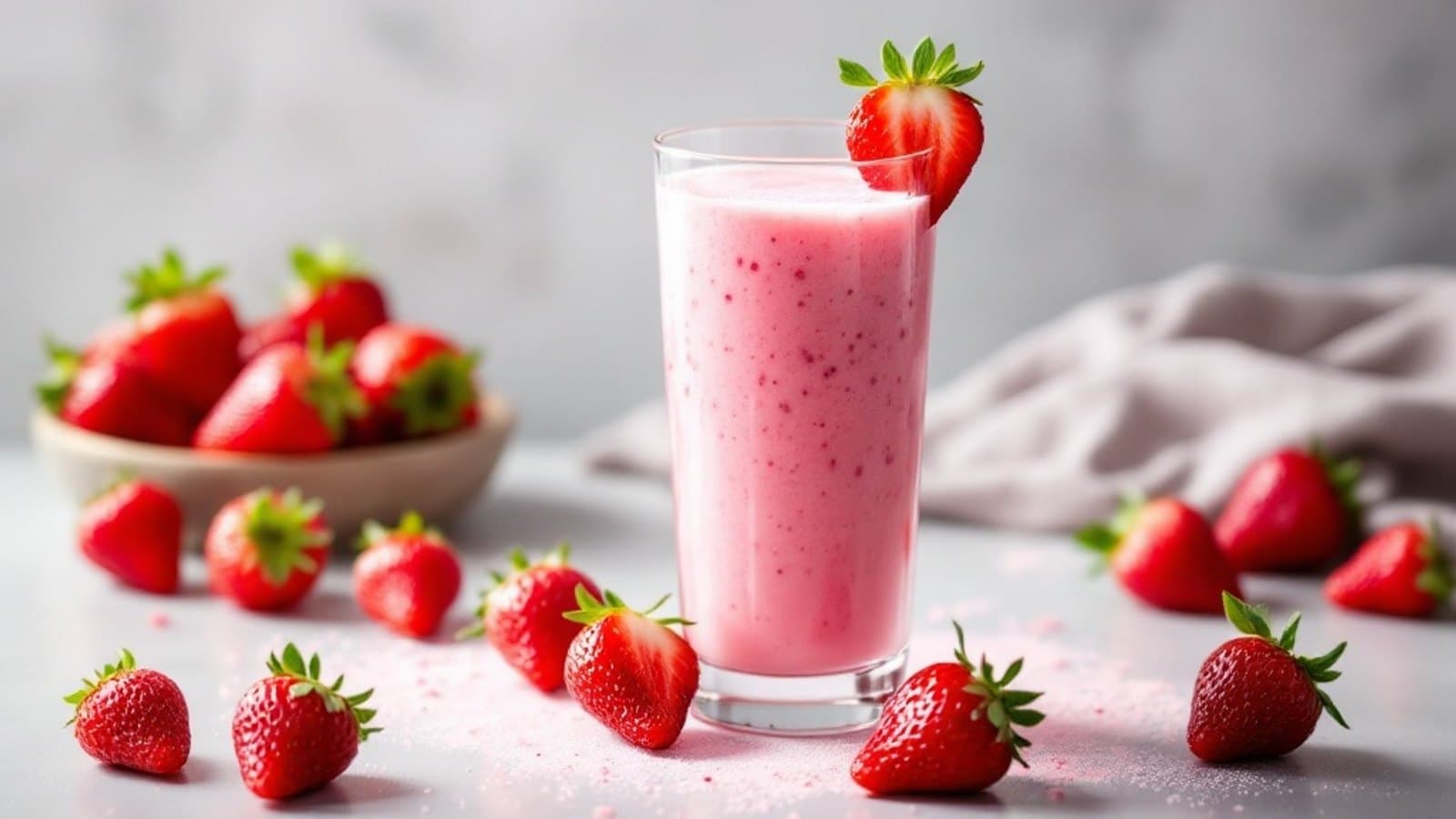 Glas cremiger Skyr-Erdbeer-Shake mit frischen Erdbeeren