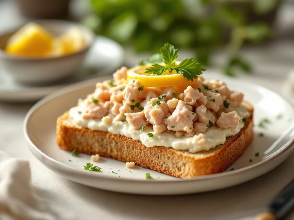 Vollkornbrot mit Thunfisch-Hüttenkäse-Aufstrich und Schnittlauch