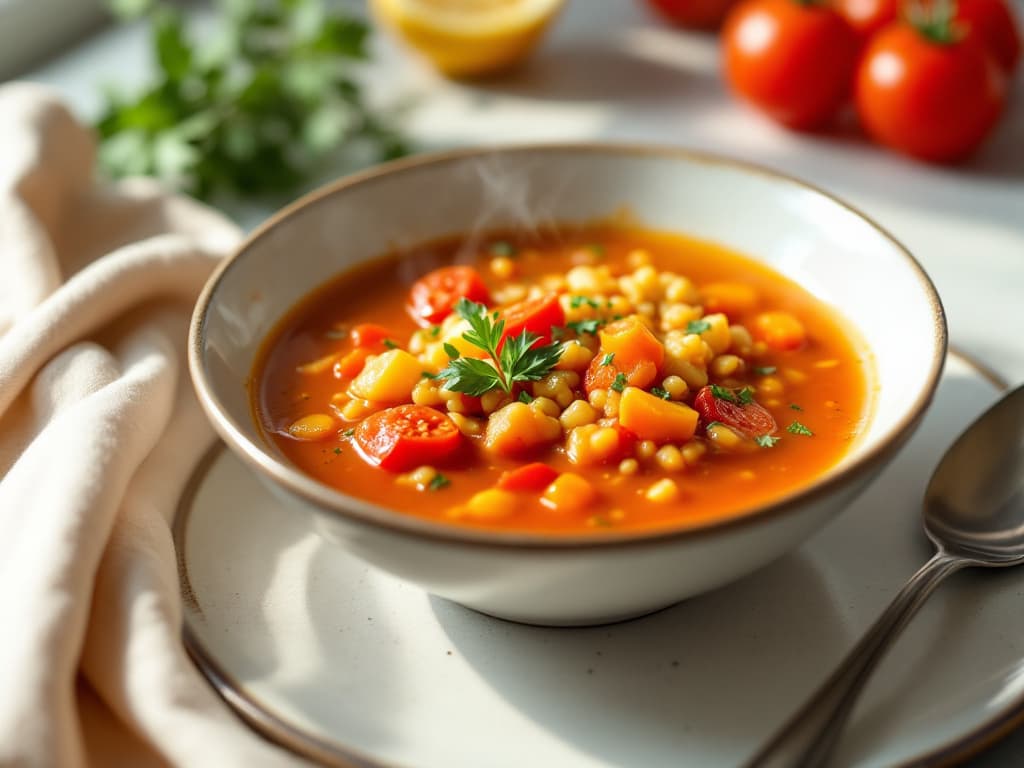 Tomatensuppe mit roten Linsen und Couscous