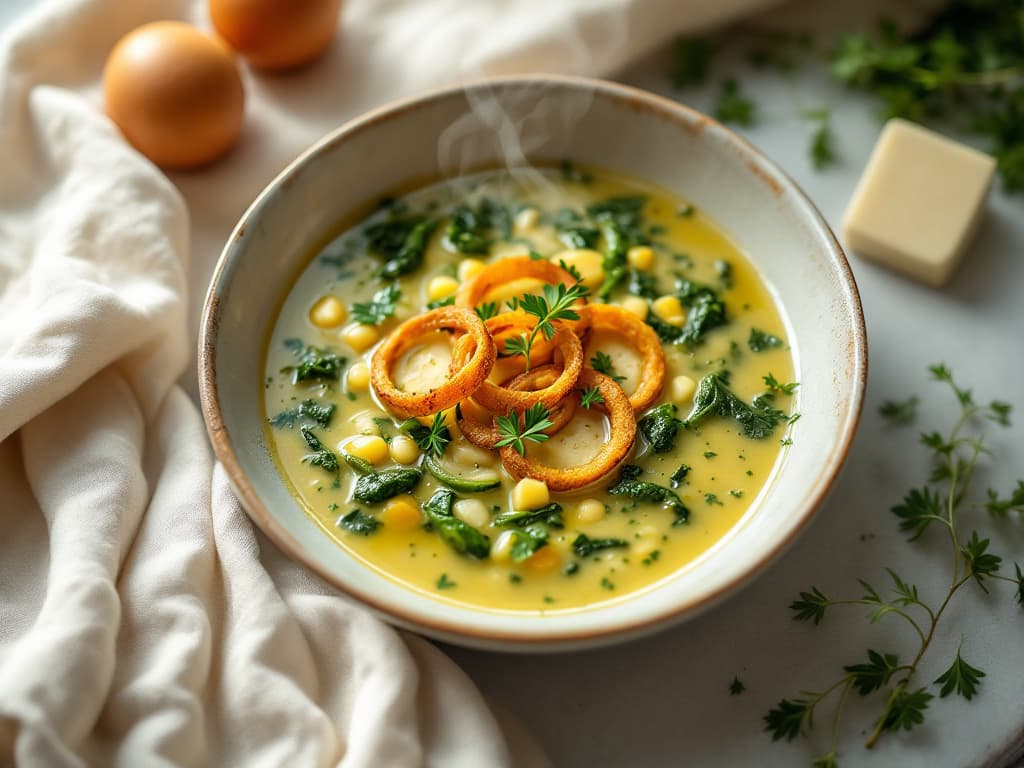 Würzige Spinat-Cremesuppe mit knusprigen Zwiebelringen