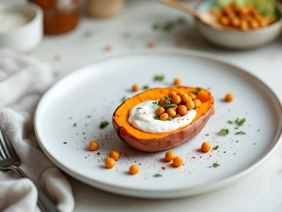 Ofen-Süßkartoffel mit Kichererbsen, kleine Portion